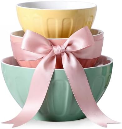 Pastel ceramic nesting bowls for baking