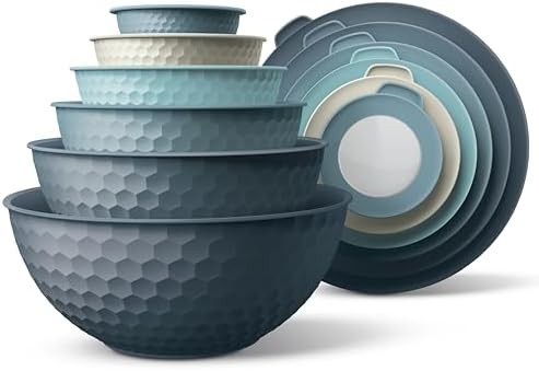 Blue embossed plastic nesting mixing bowl