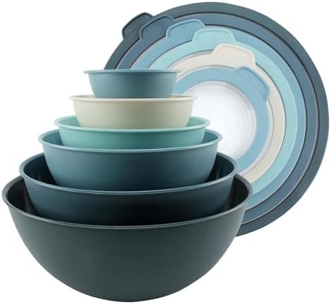 Blue plastic nesting mixing bowl set with lids