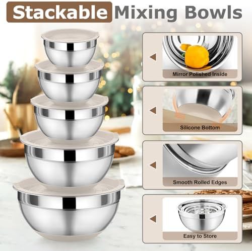 Khaki five piece nesting stainless steel bowls — photo 3