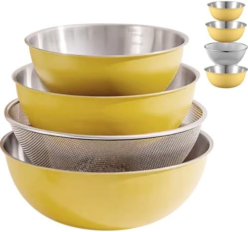 Yellow stainless steel mixing bowl and colander