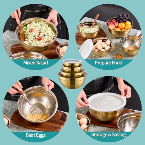 Gold stainless nesting bowls white lids — photo 3