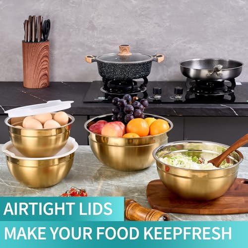 Gold stainless nesting bowls white lids — photo 4