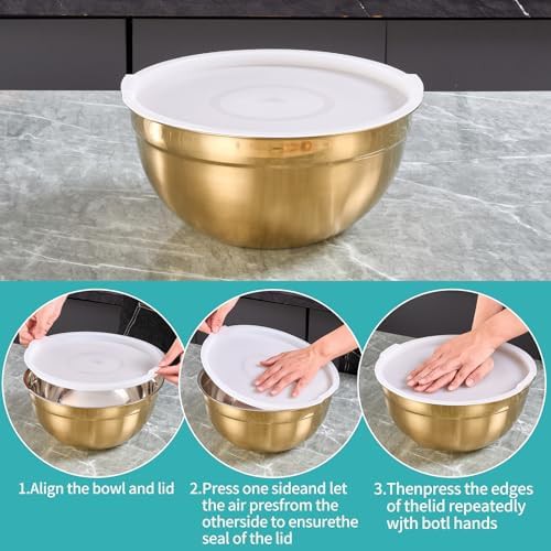 Gold stainless nesting bowls white lids — photo 5