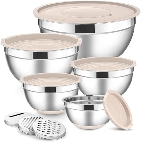 Five piece mixing bowls with khaki lids