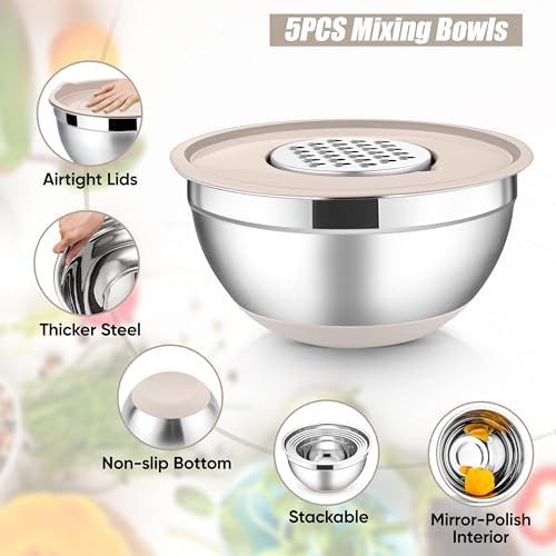 Five piece mixing bowls with khaki lids — photo 3