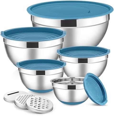 Blue nesting bowls with grater attachments