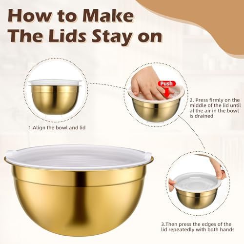 Gold stainless steel mixing bowl set with lids — photo 5