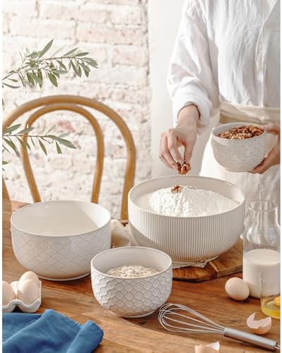 Off white embossed ceramic nesting bowls set — photo 3