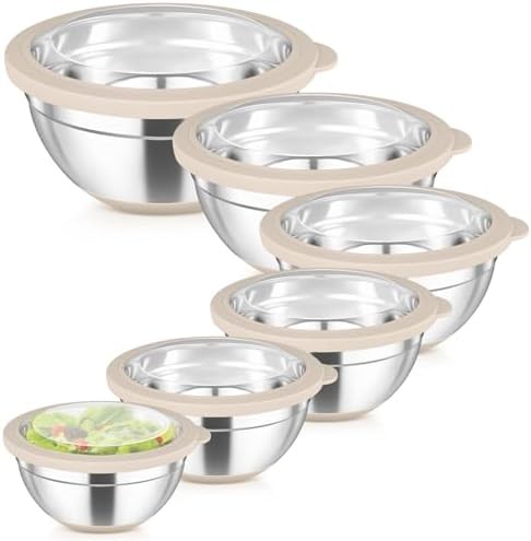 Khaki stainless steel bowls with clear lids