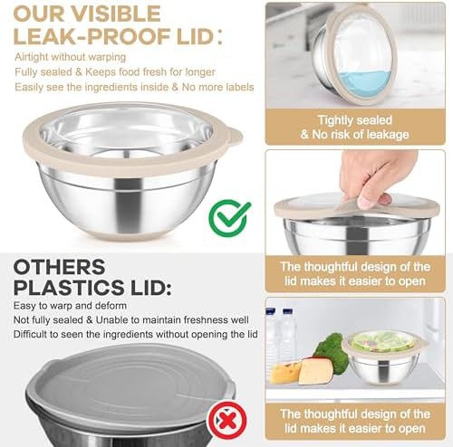 Khaki stainless steel bowls with clear lids — photo 4