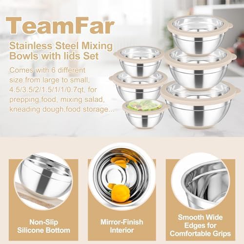 Khaki stainless steel bowls with clear lids — photo 5