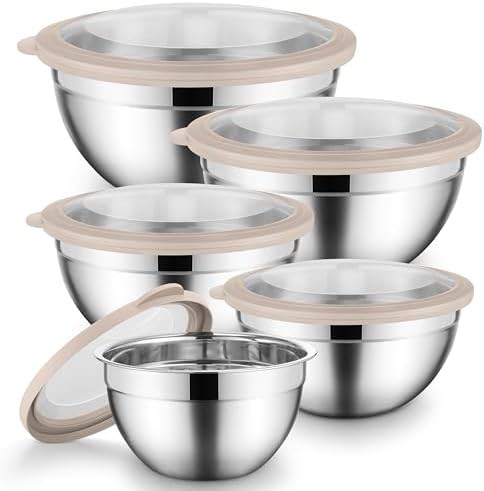 Nesting stainless steel bowls with khaki lids