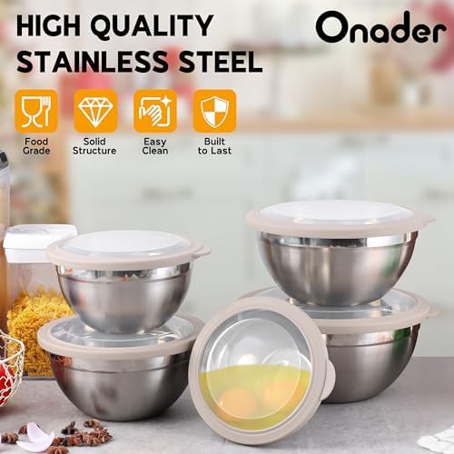 Nesting stainless steel bowls with khaki lids — photo 5