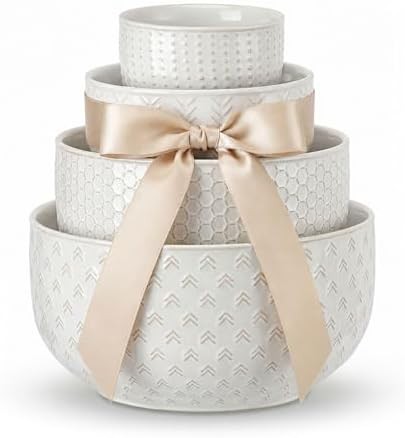 Ivory white embossed ceramic serving bowls