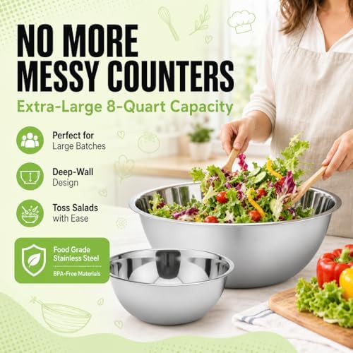 Large 8 quart stainless steel mixing basins — photo 3
