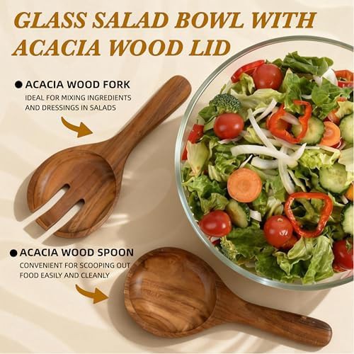 Large glass salad bowl with acacia wood lid — photo 5