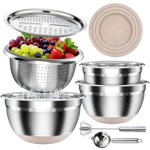 Stainless Steel Mixing Bowls Set with Lids & Silicone Base