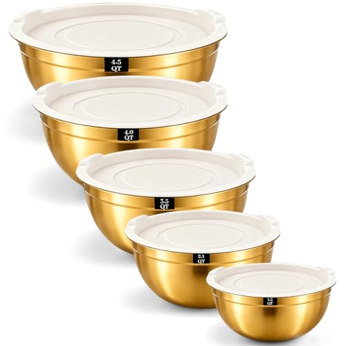 5-Piece Gold Stainless Steel Mixing Bowls with White Lids